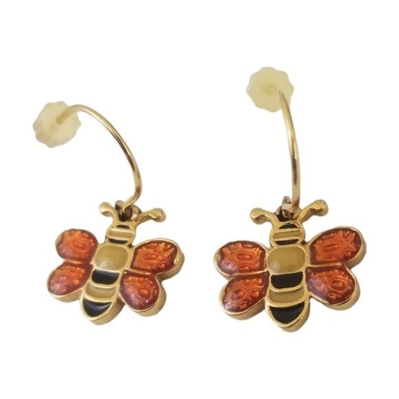 Vintage Enamel Bumblebee Earrings 1" Drop Gold Tone Dainty Bug Estate Jewelry - Picture 4 of 6